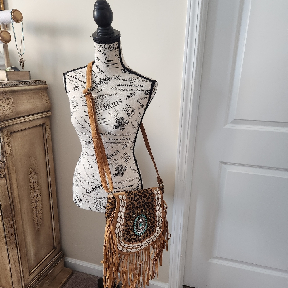 Handmade Bohemian Suede Fringe Crossbody Bag - Tan and Brown